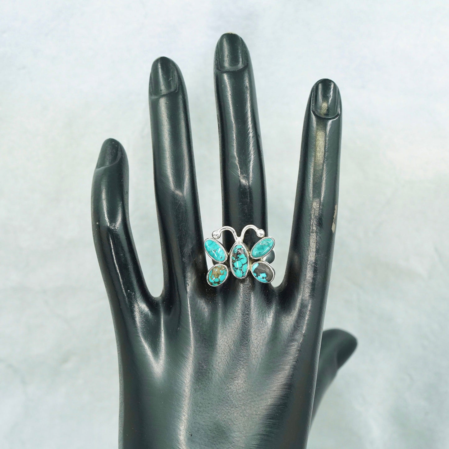 Size 7.25, Native American navajo Sterling 925 silver butterfly ring turquoise