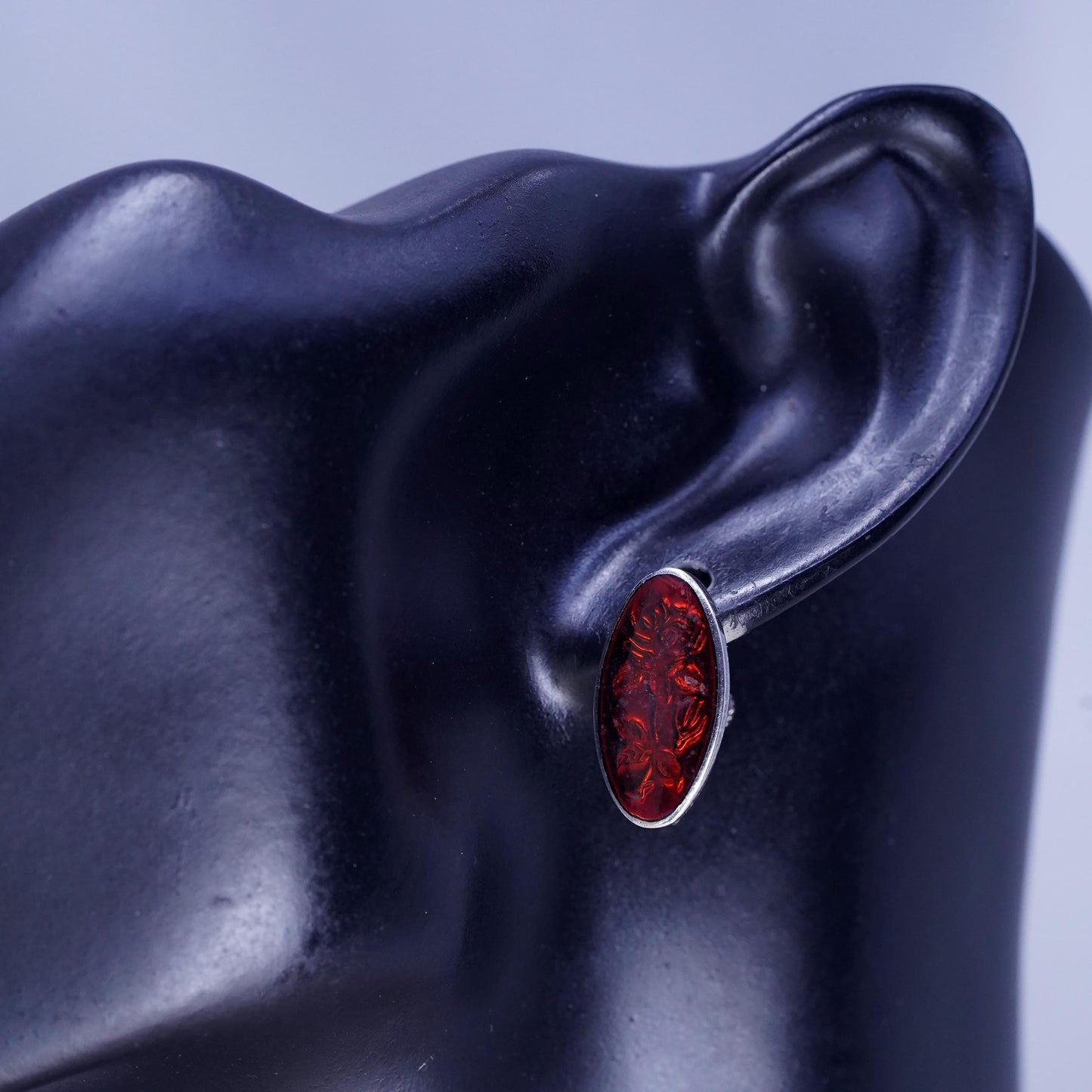 Vintage Sterling 925 silver screw back oval earrings with red enamel flower