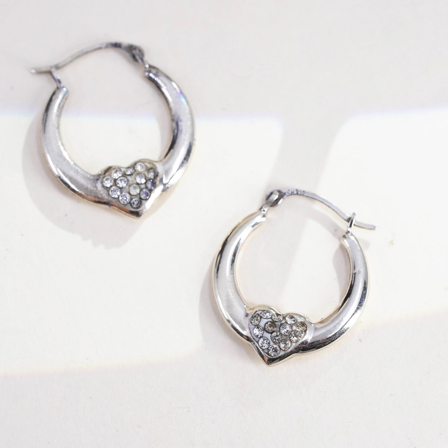 0.75”, Vintage sterling silver earrings, 925 heart huggie hoops with cz