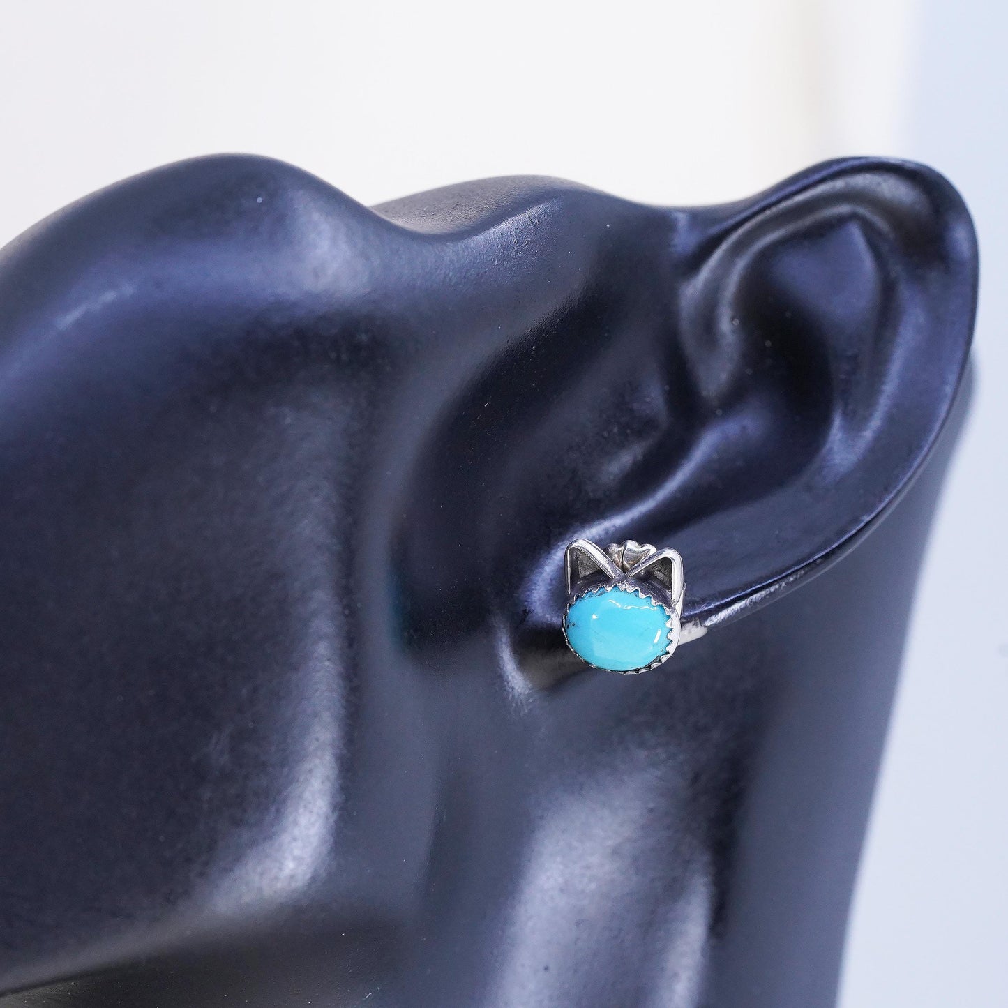 Vintage MC Sterling silver handmade earrings, 925 cat kitty studs turquoise