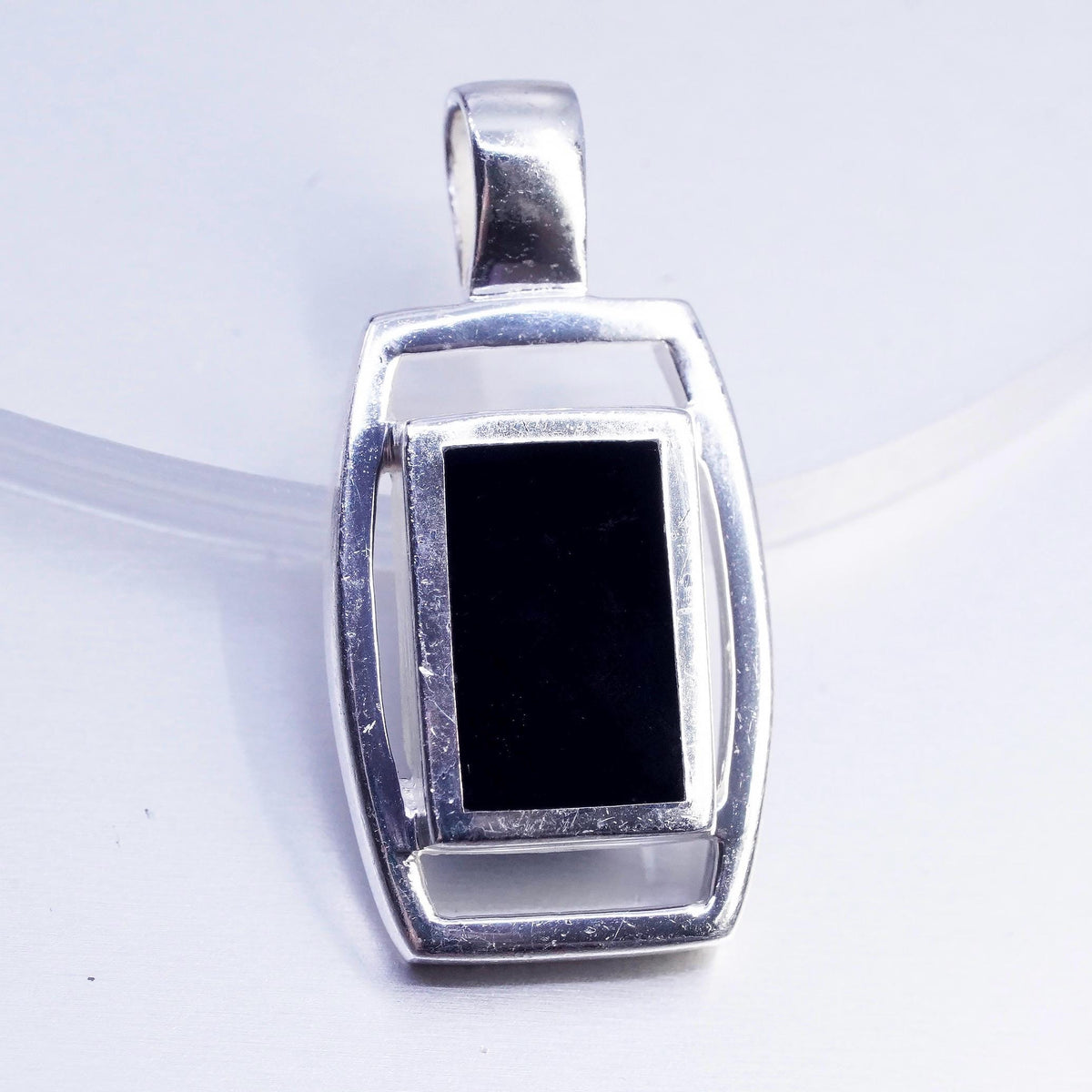 Vintage sterling 925 silver handmade rectangular pendant with onyx inlay