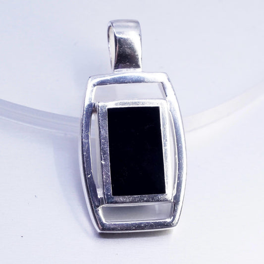 Vintage sterling 925 silver handmade rectangular pendant with onyx inlay