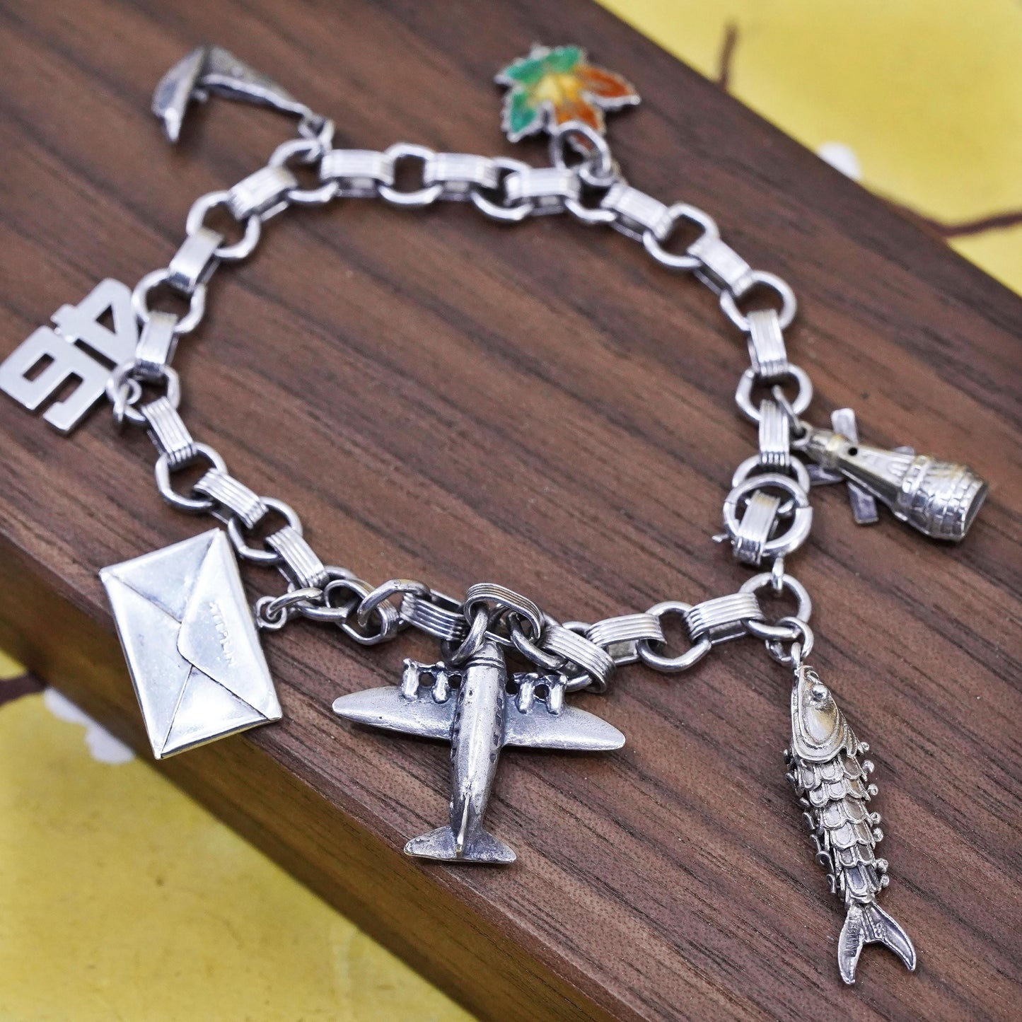6.75”, Mexican Sterling Silver 925 circle Bracelet airplane leaf fish charms