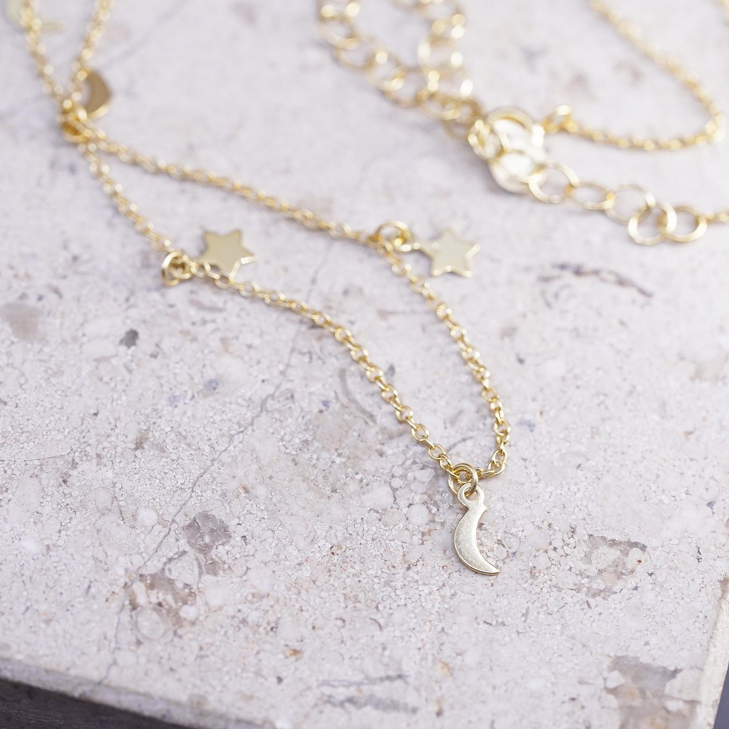 12+3", vermeil gold Sterling silver necklace, 925 circle chain moon star charms