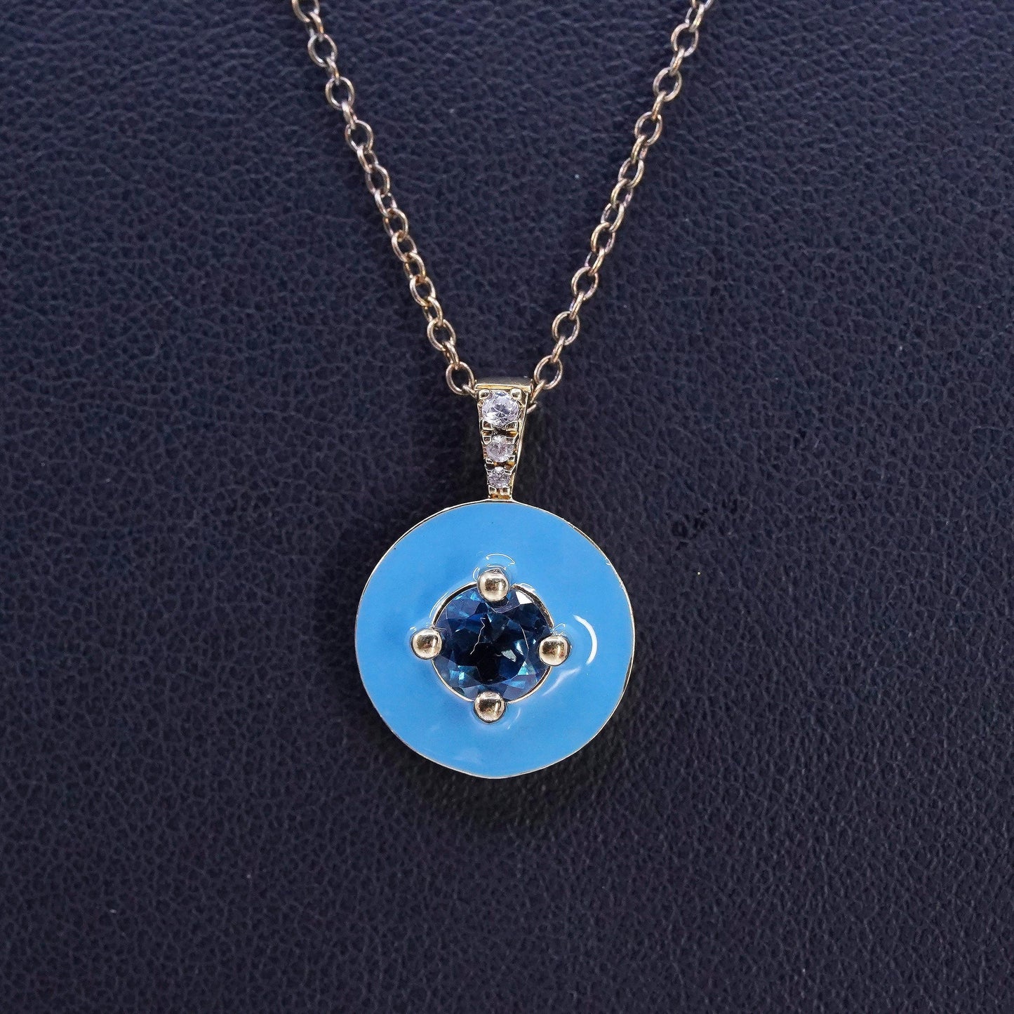 18", gold plated Sterling 925 silver circle necklace enamel blue topaz pendant