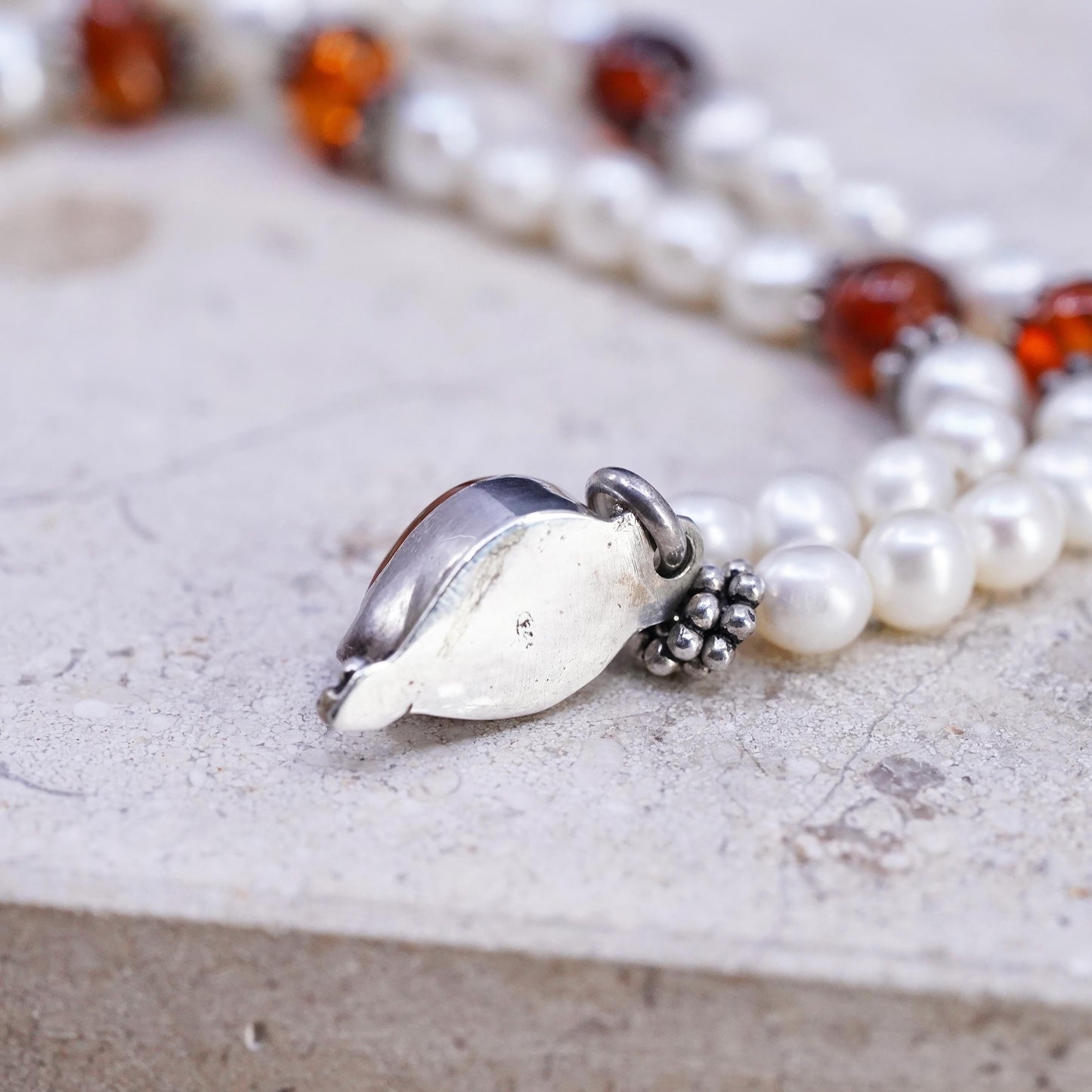 18", Sterling 925 silver necklace with freshwater pearl amber teardrop pendant