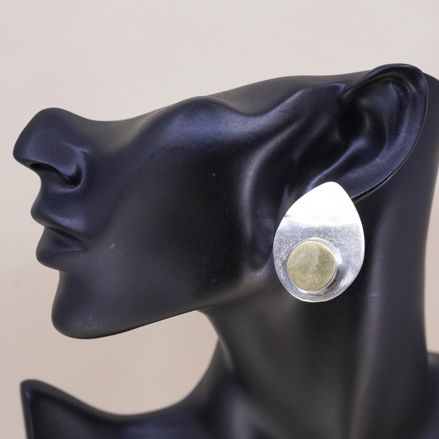 Mexican handmade single earring. two tone Sterling 925 silver teardrop stud