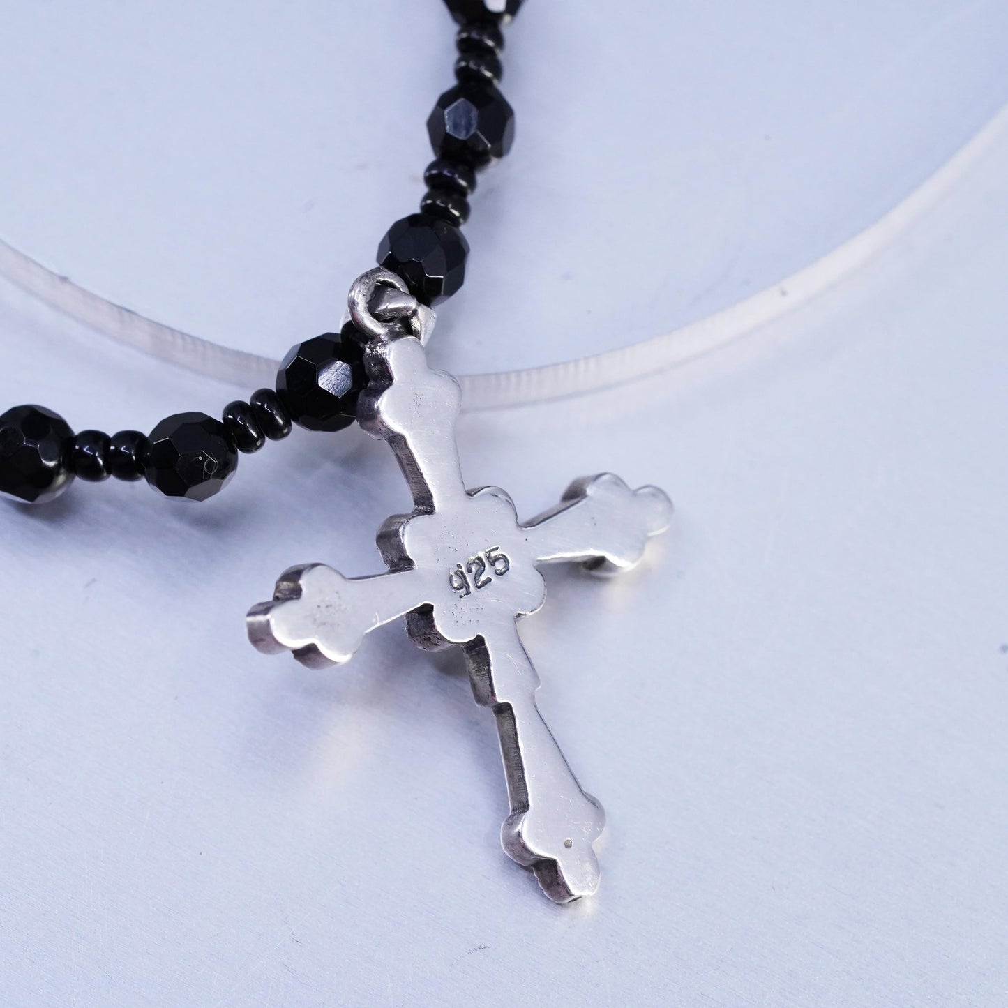 16", vintage Sterling 925 silver necklace with obsidian beads, cross pendant
