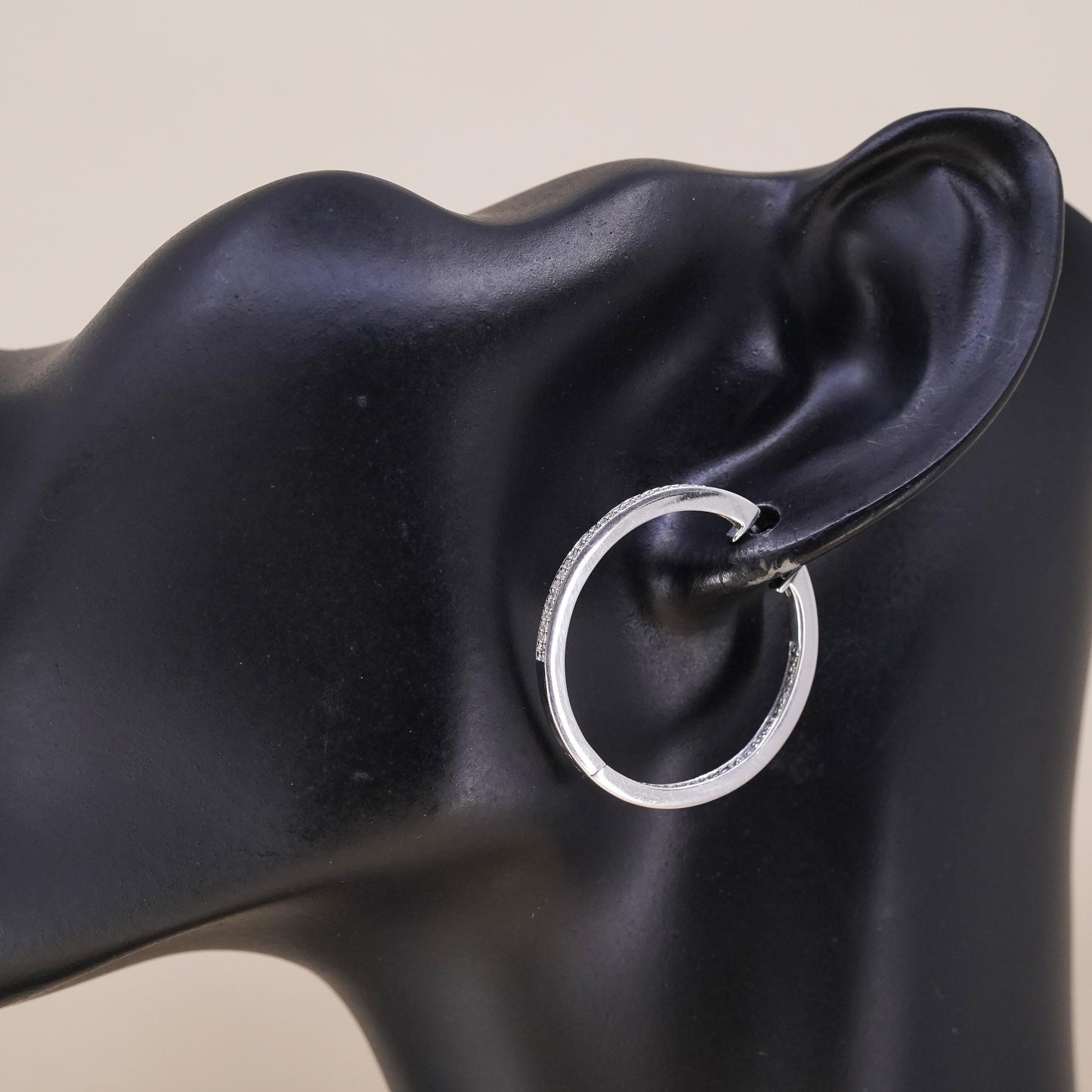 1.25", Vintage sterling silver loop single earring, hoop with cluster diamonds