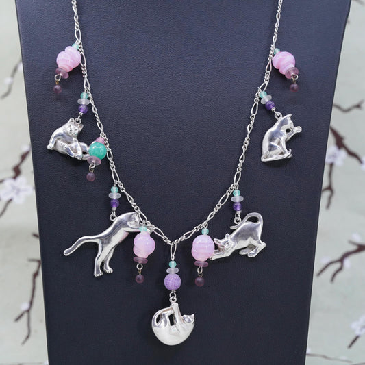 22", Southwestern sterling silver figaro chain 925 cat pendants necklace