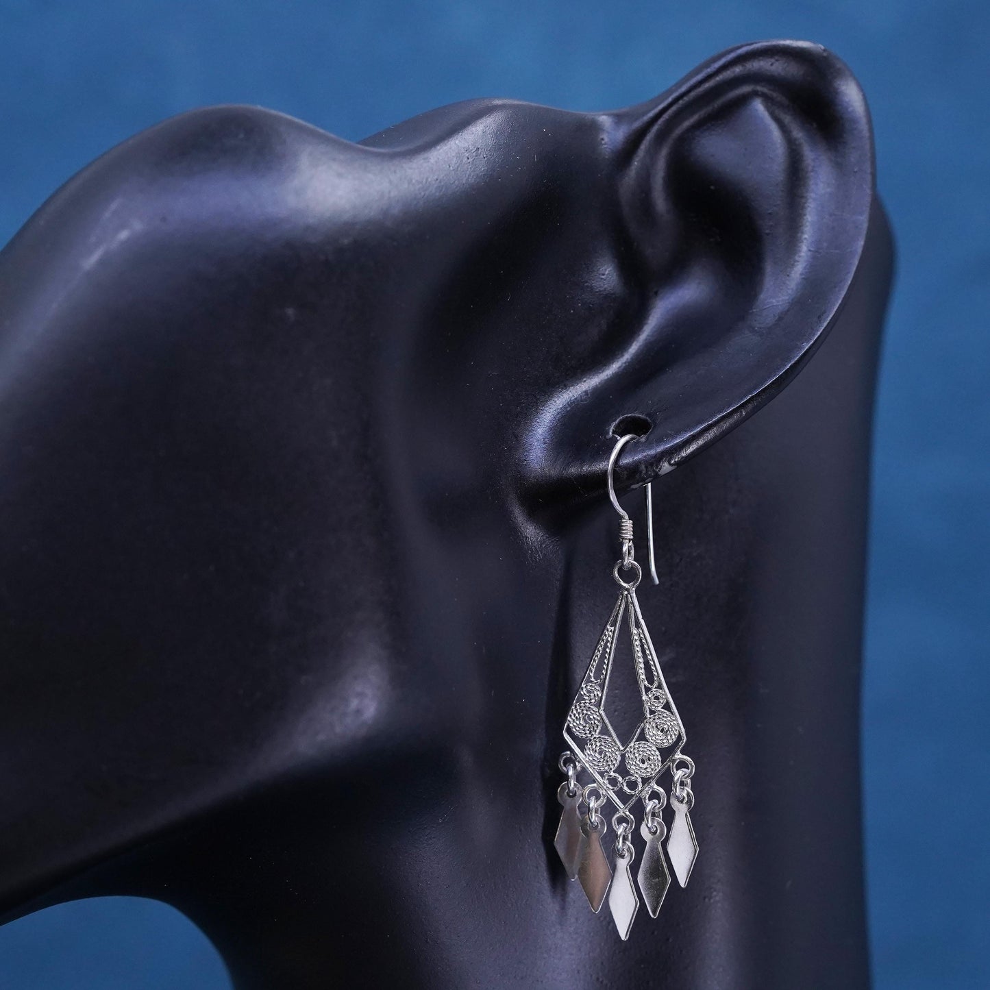 Vintage sterling silver handmade earrings, 925 filigree teardrop dangles