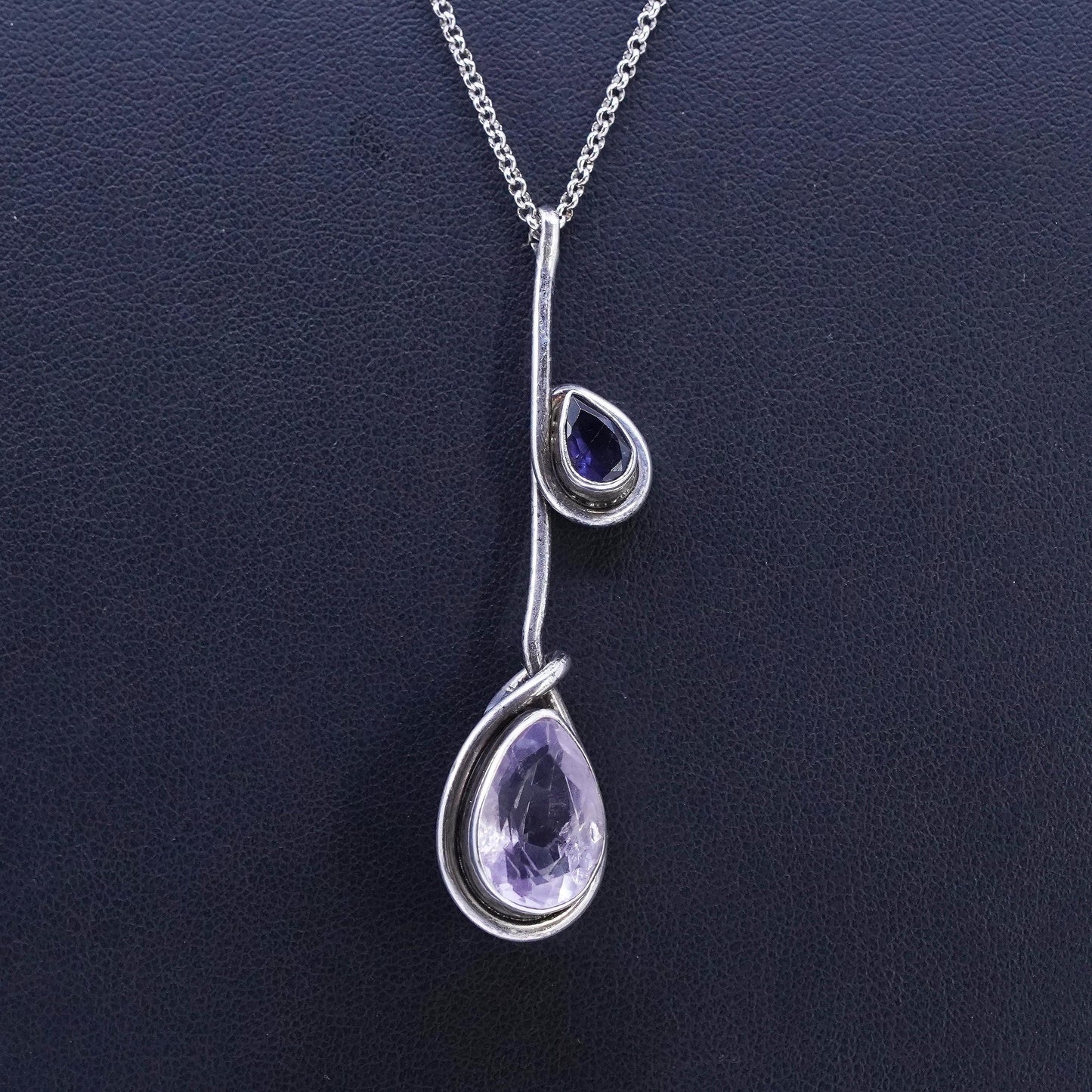18", Italian Sterling 925 silver necklace with 2.25” teardrop amethyst pendant