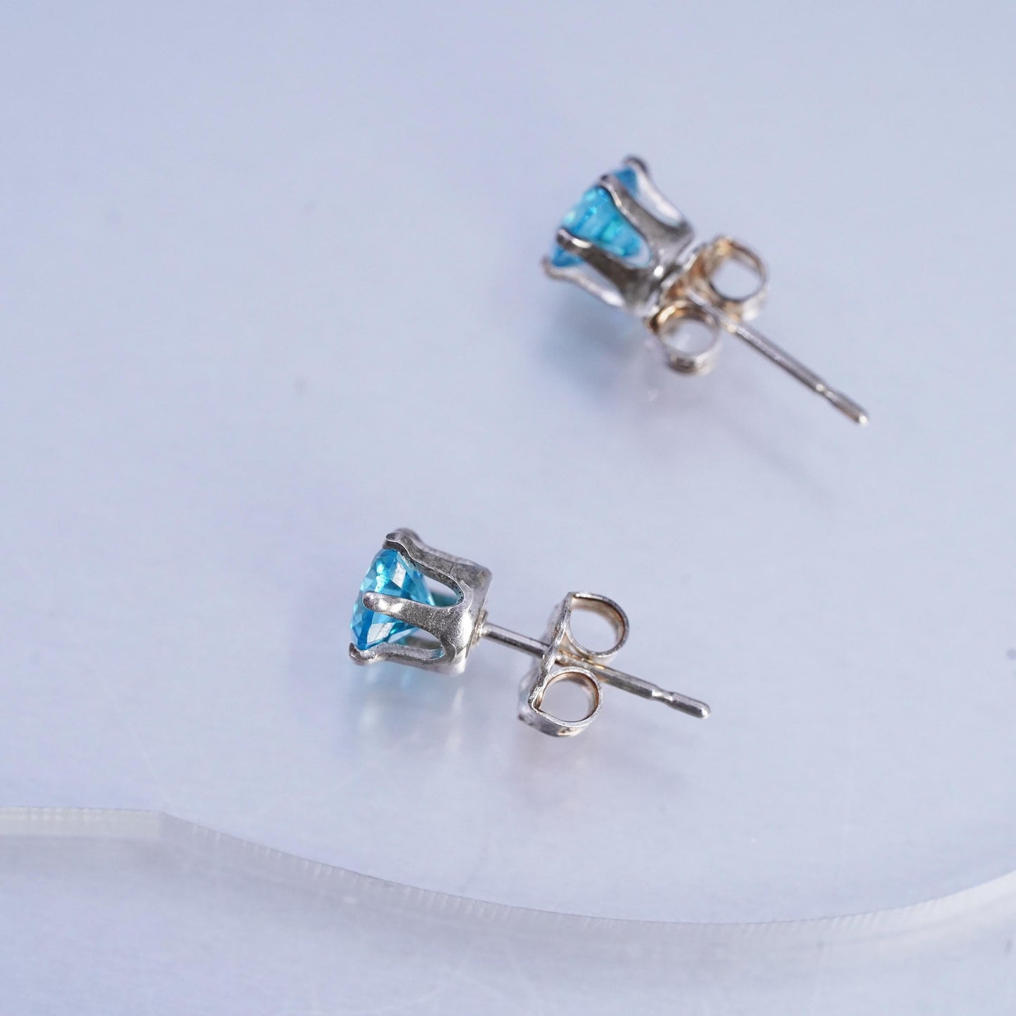 4mm, Vintage Sterling 925 silver handmade earrings, blue cz studs