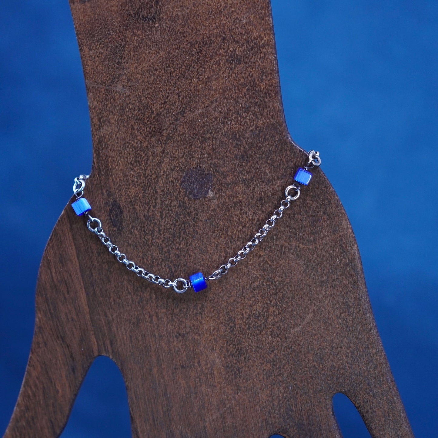 7”, Italy Sterling silver bracelet, 925 bold circle chain blue cats eye cubes