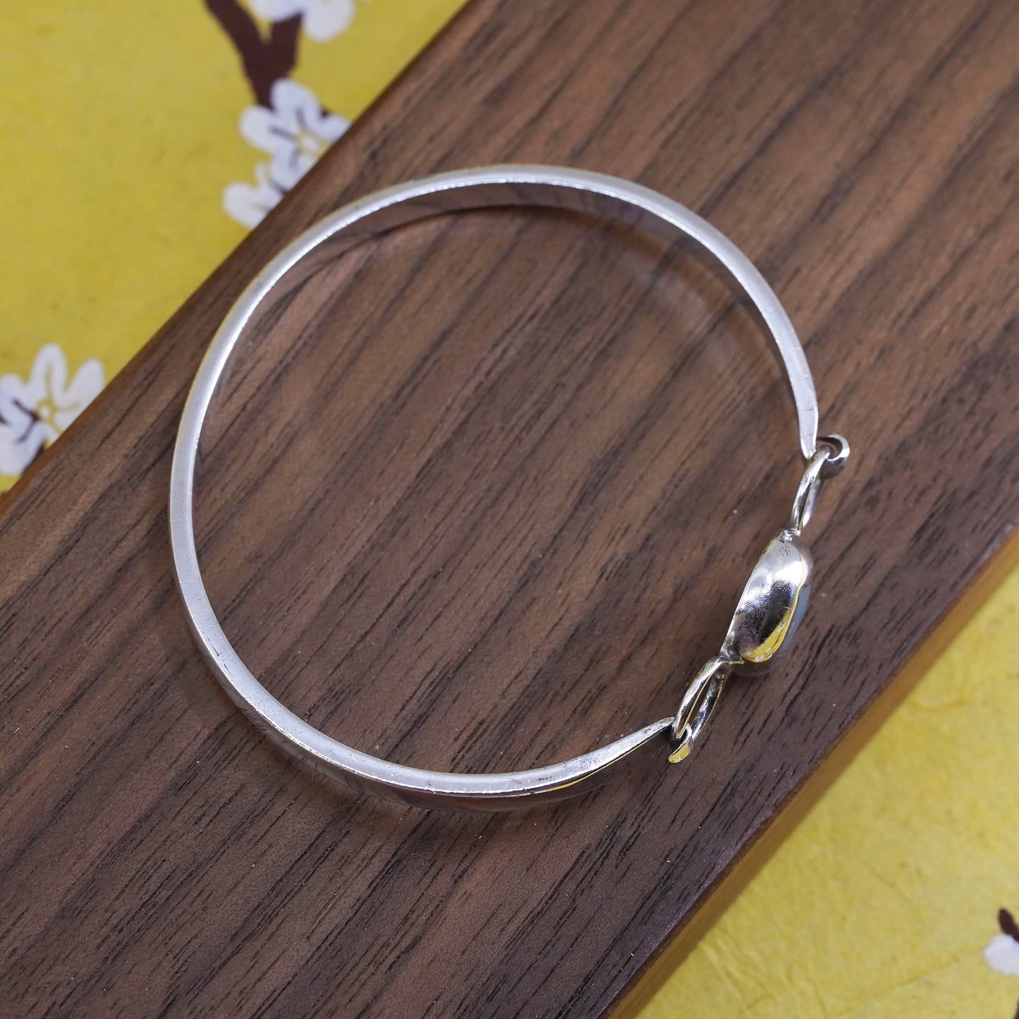 6.5”, Sterling silver handmade bracelet, Mexico 925 hinged bangle w/ turquoise