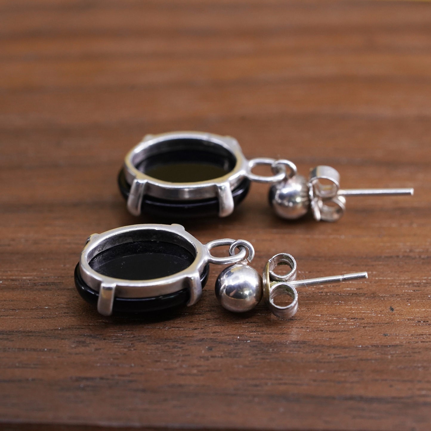 Vintage Sterling 925 silver handmade earrings with oval onyx dangles
