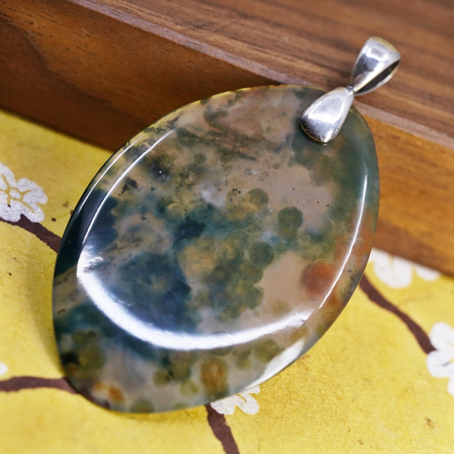 Southwestern Sterling 925 silver handmade oval pendant with moss agate