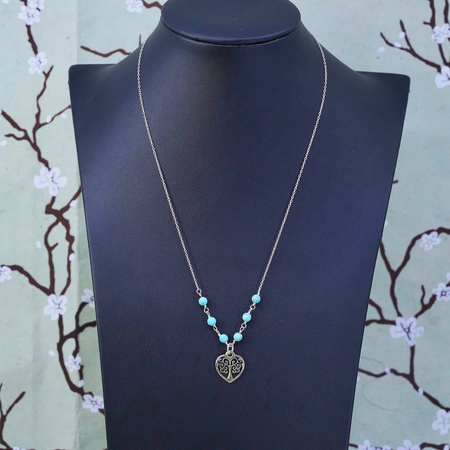 18", Native American Sterling silver necklace, 925 circle chain heart turquoise