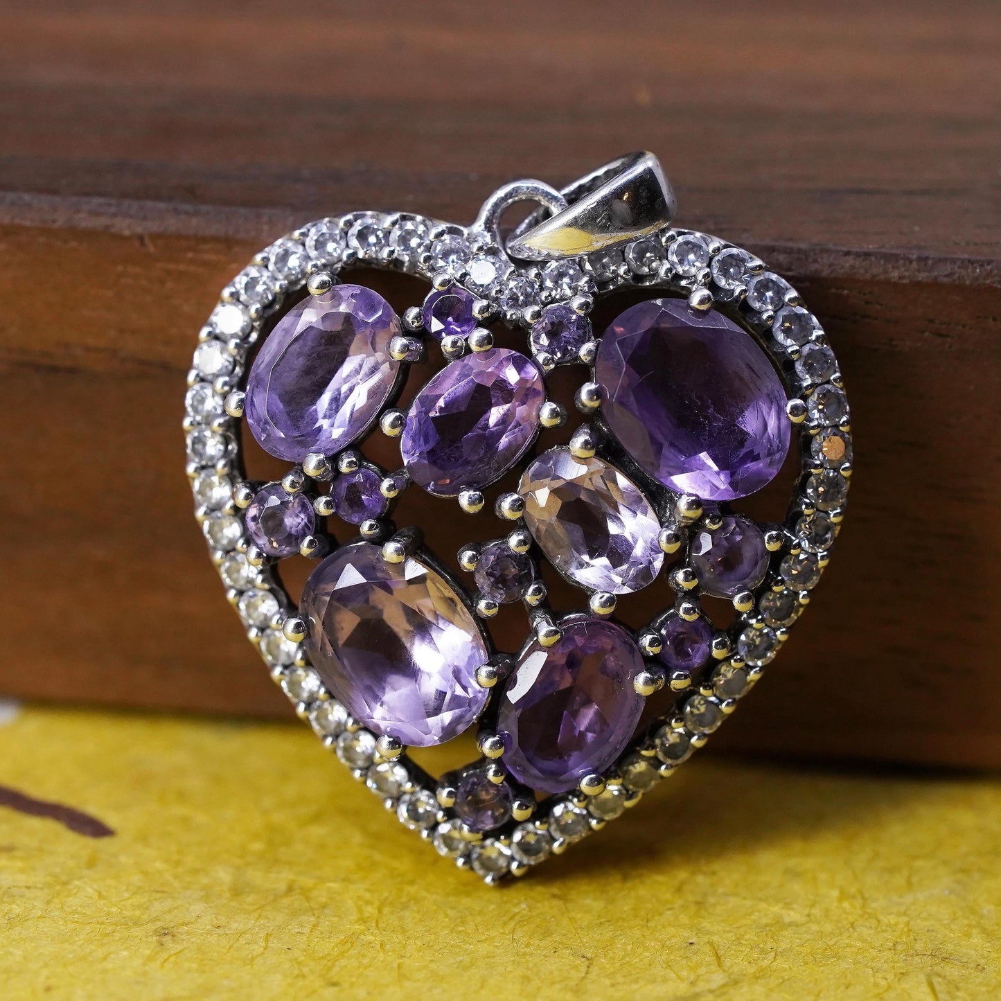 Vintage Sterling 925 silver handmade heart pendant with amethyst and cluster cz