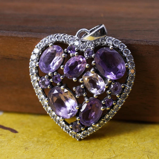 Vintage Sterling 925 silver handmade heart pendant with amethyst and cluster cz