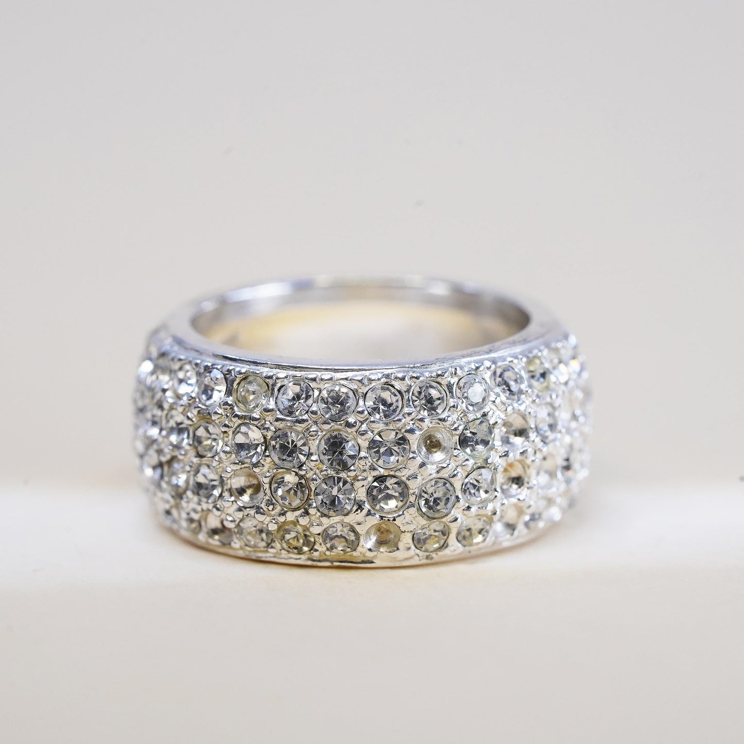 Size 6.5, vintage sterling 925 silver ring with cluster CZ, statement wide band