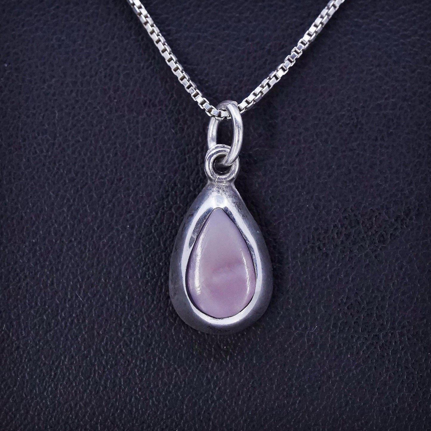 18”, Sterling 925 silver box chain necklace with teardrop pink MOP pendant