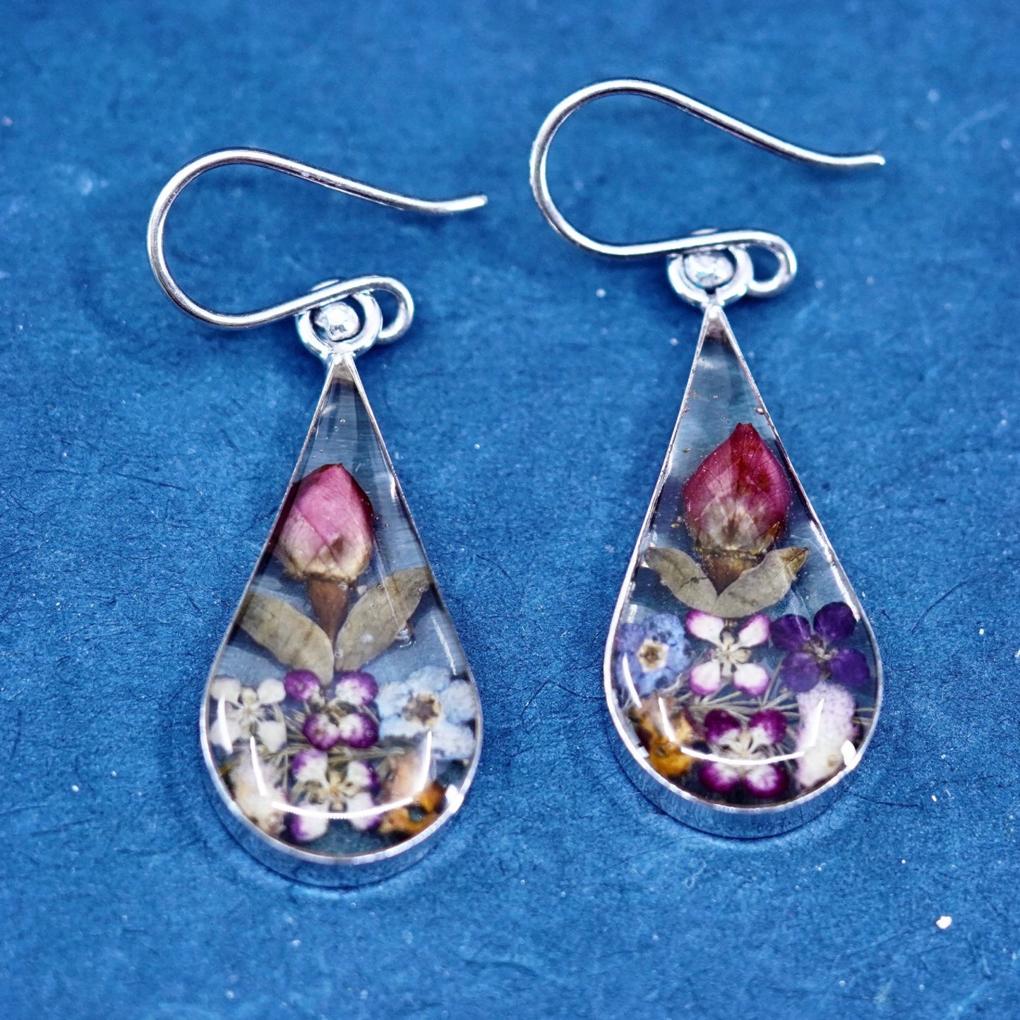 Vintage sterling silver handmade earrings, 925 teardrop with resin flower inlay