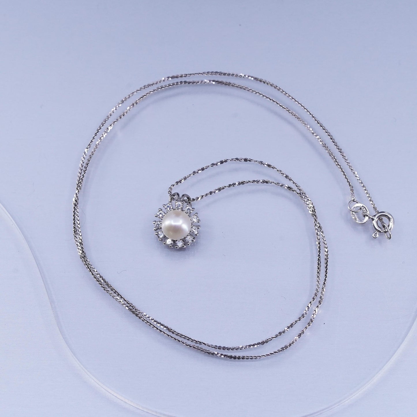 20”, Sterling 925 silver twisted S link necklace with pearl flower pendant