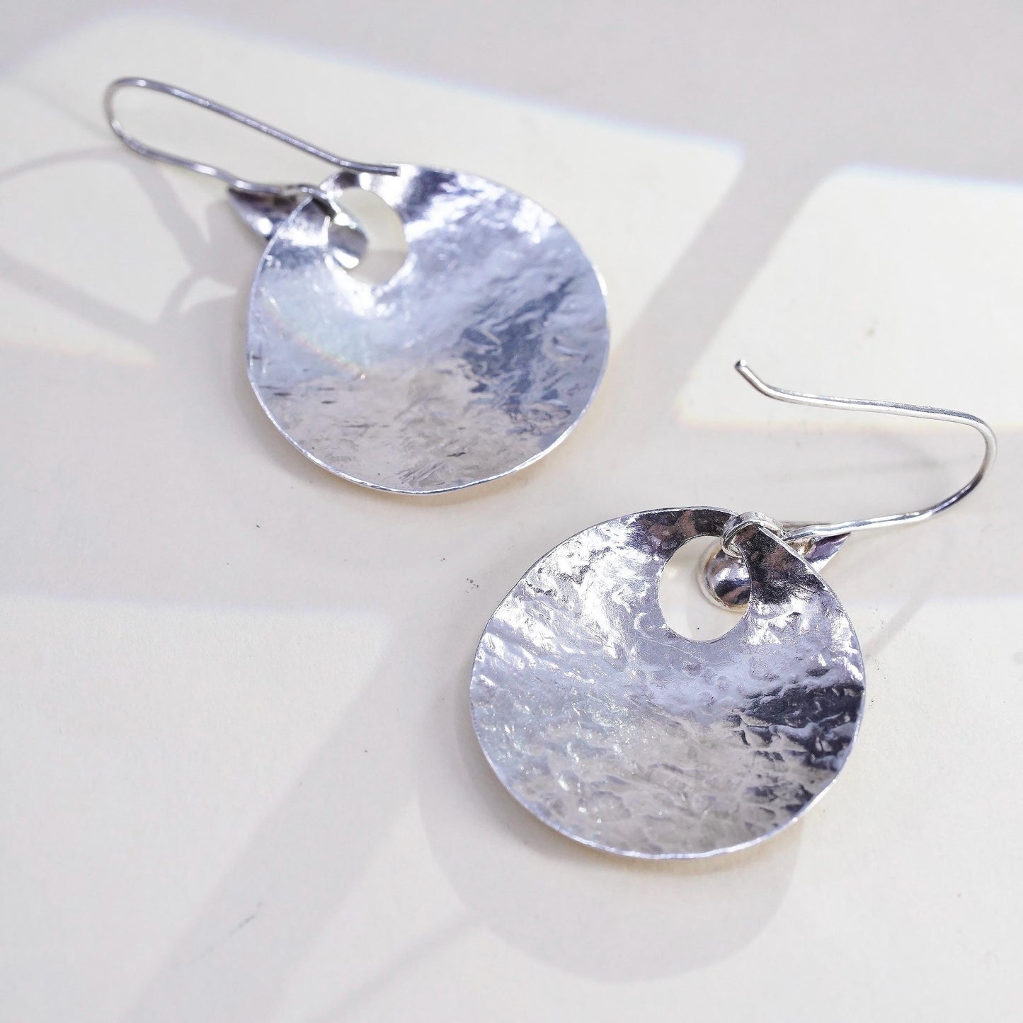 Vintage sterling silver handmade earrings, 925 silver round dangles hammered