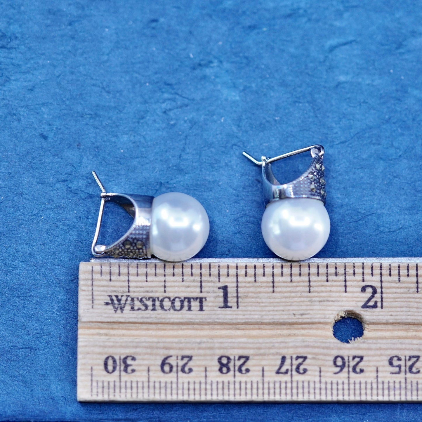 Sterling silver handmade earrings, 925 hooks, huggie w/ faux pearl and crystal