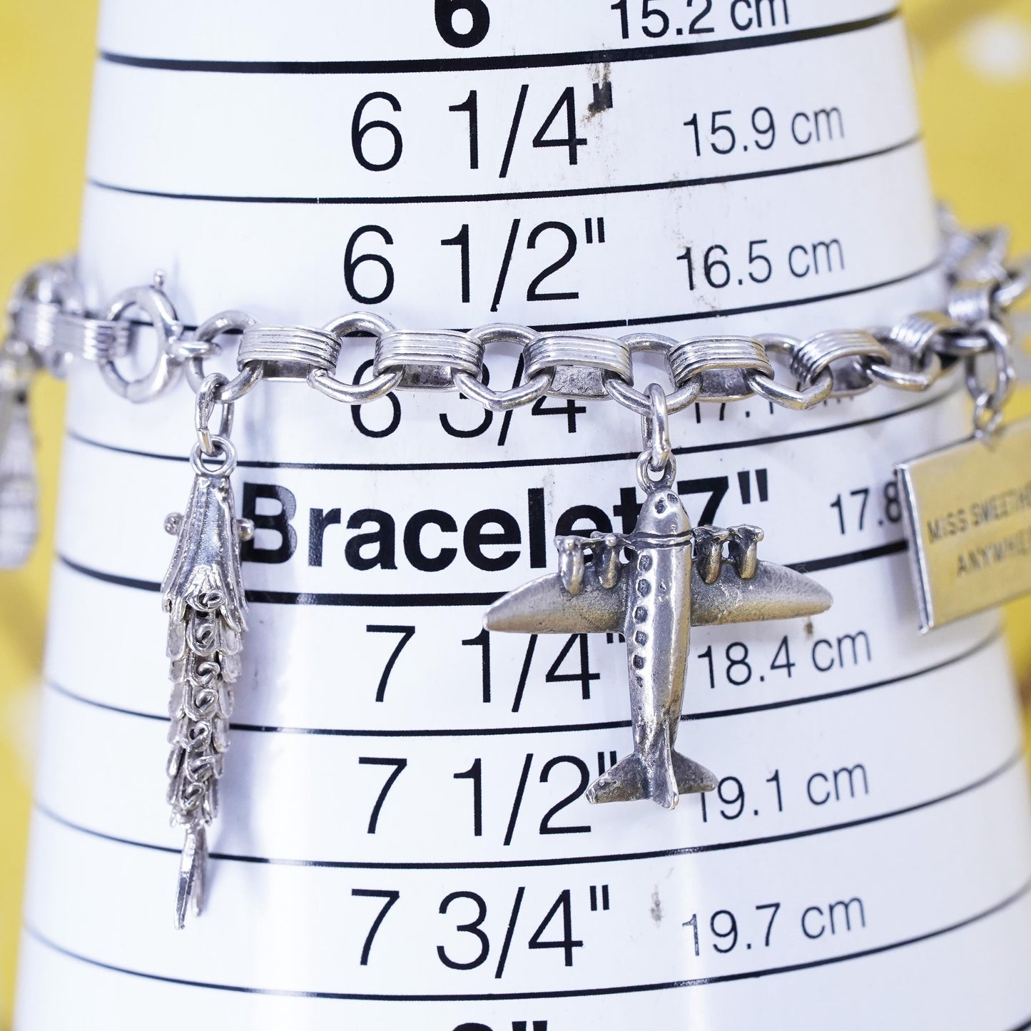 6.75”, Mexican Sterling Silver 925 circle Bracelet airplane leaf fish charms