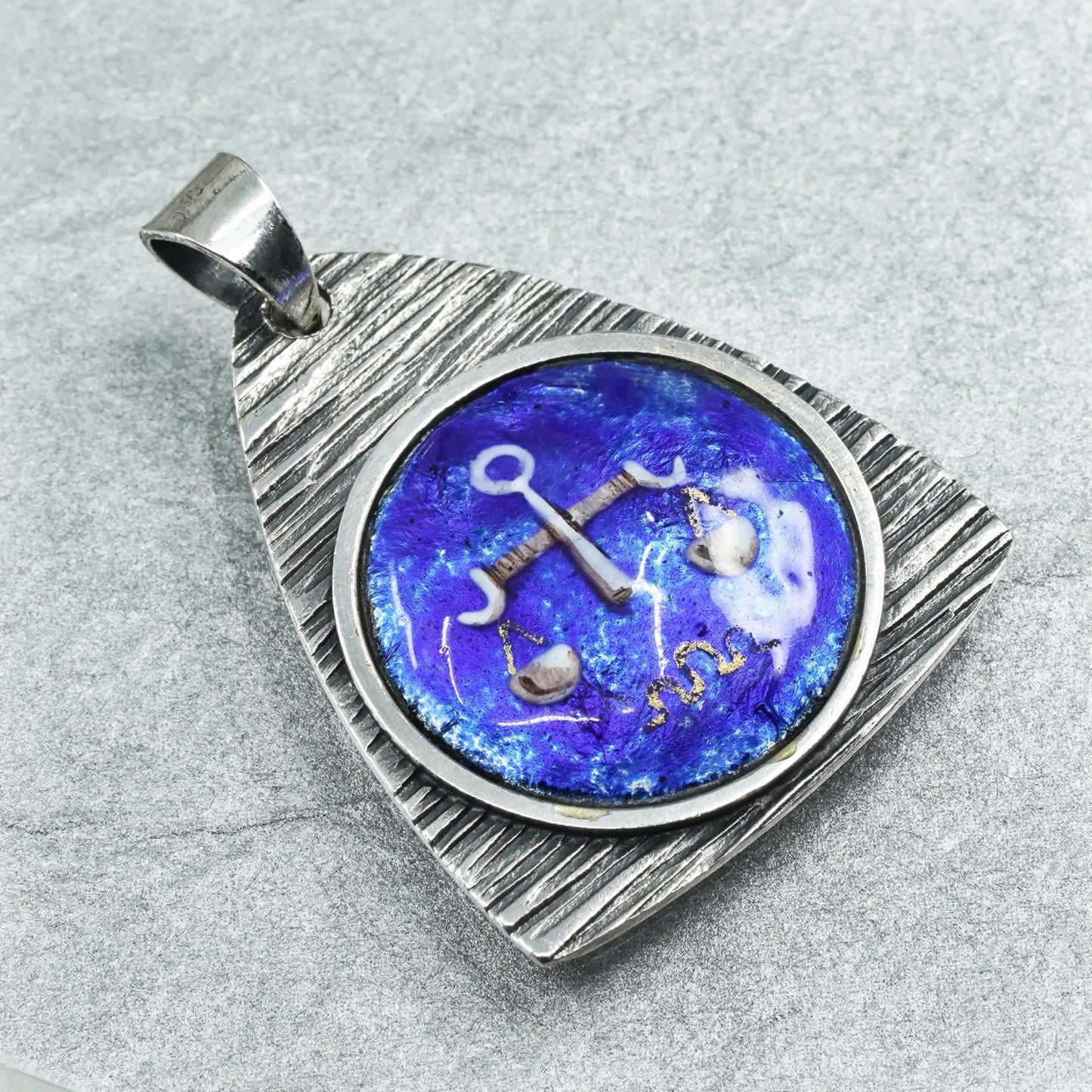 Vintage sterling 925 silver handmade sign Libra blue enamel tag pendant