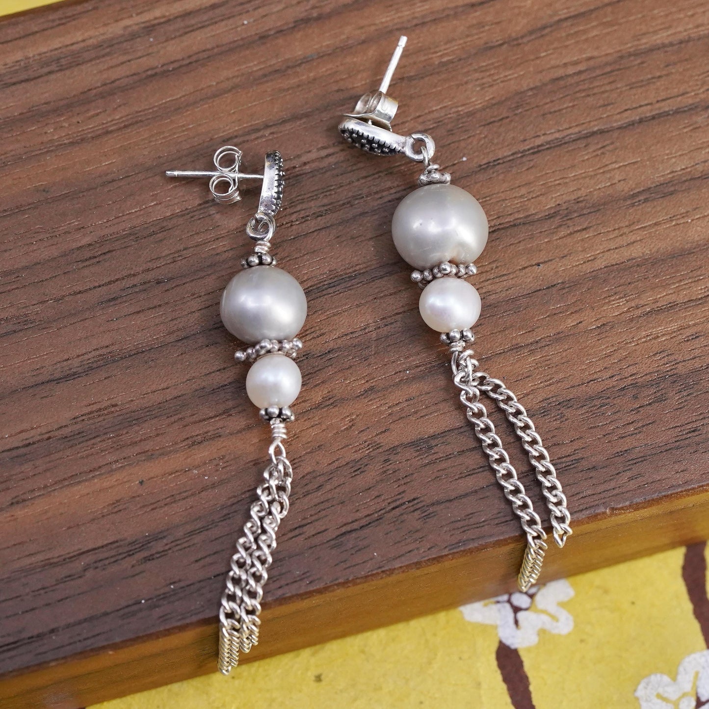 Sterling 925 silver long earrings, freshwater pearl beads marcasites chain