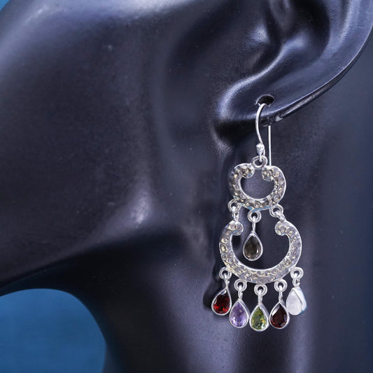 VTG sterling 925 silver hammered earrings with teardrop ruby peridot moonstone