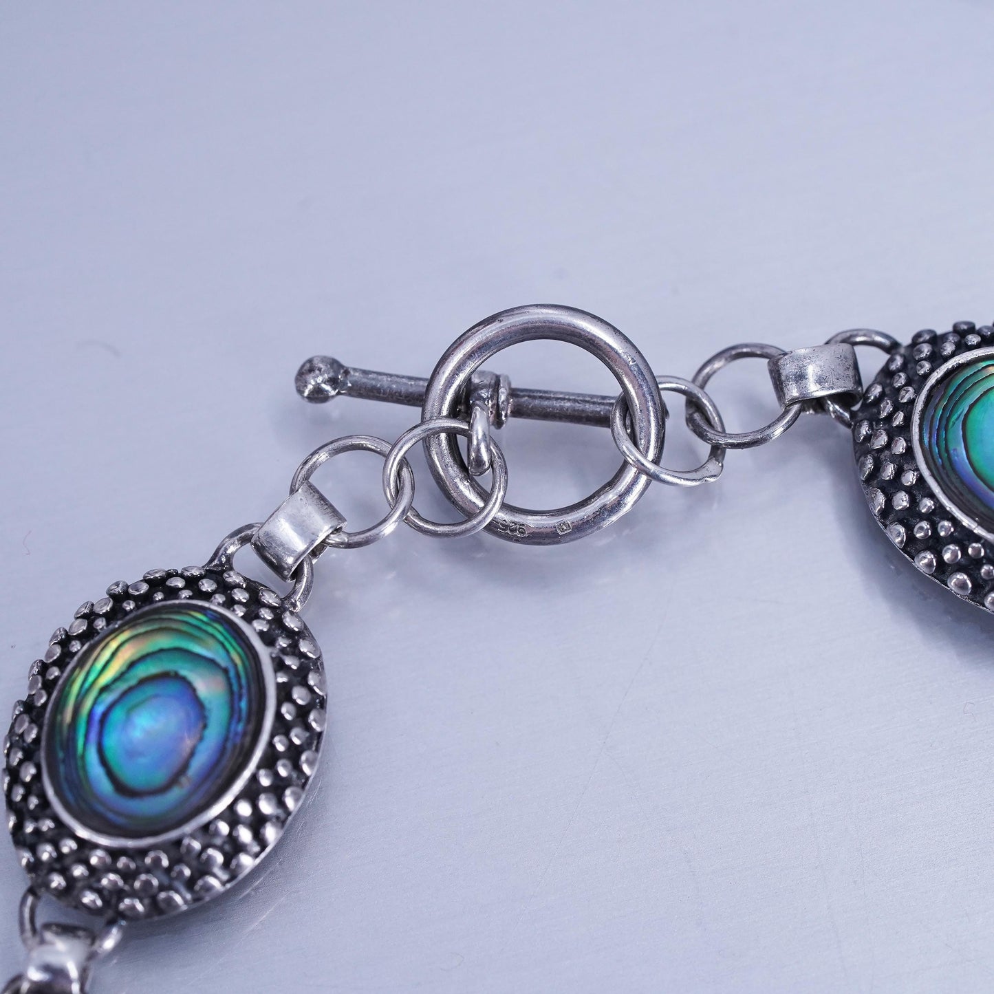 7.75”, Sterling 925 silver handmade bracelet with abalone and toggle closure