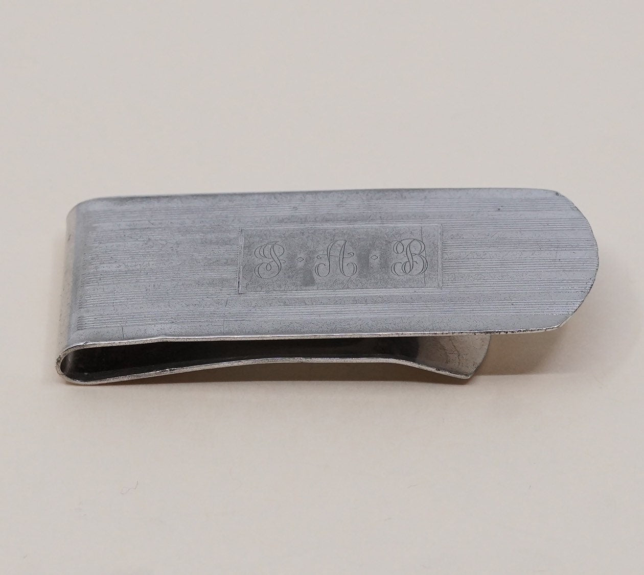 Vintage sterling silver handmade money clip, solid 925 silver money clip with monogram “JAB” engraved, stamped sterling