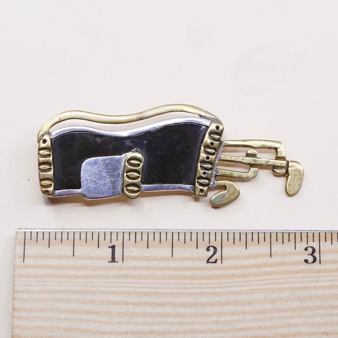 Vintage two tone sterling silver golf cart bag brooch with black enamel Inlay, Mexico 925 silver handmade brooch, stamped Mexico 925