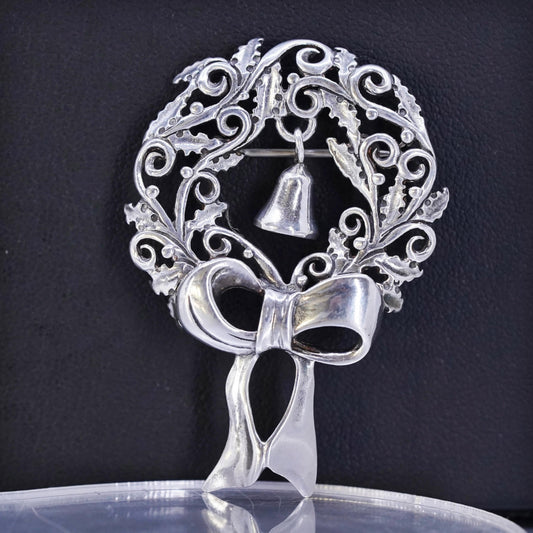 Vintage Jez Jezlaine 925 Sterling Silver wreath with ribbon and bell Brooch Pin