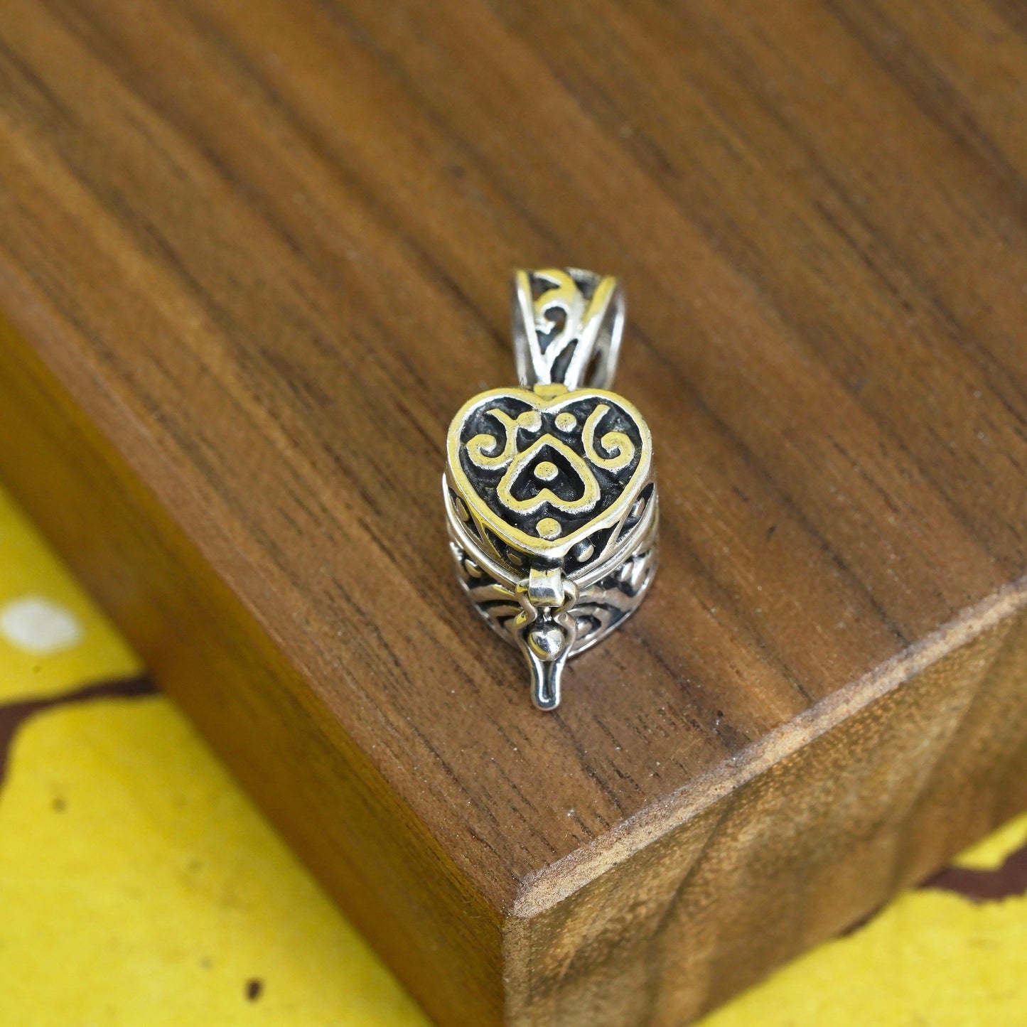 Sterling silver prayer box pendant, 925 heart locket charm with lucky clover