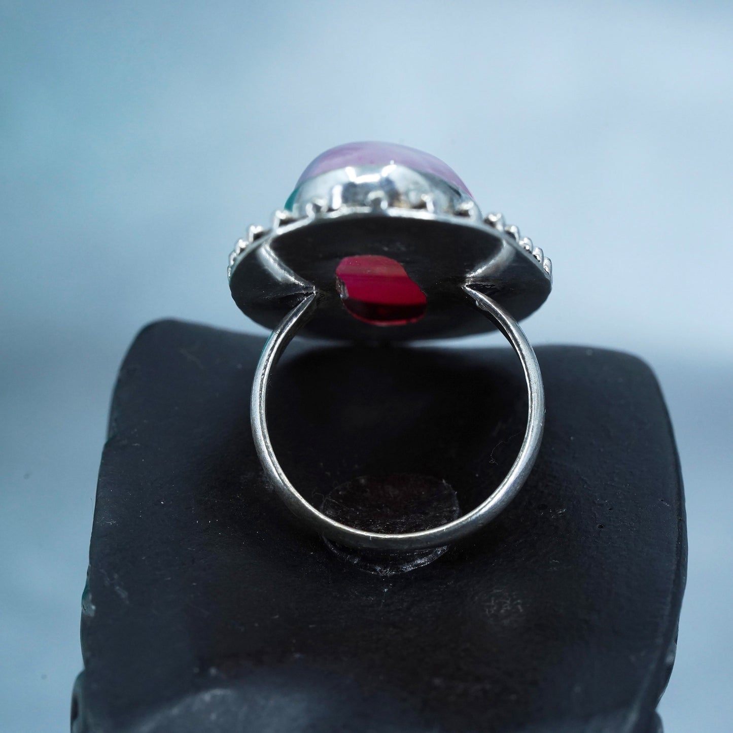 Size 8, vintage Sterling 925 silver handmade ring with landscape pink agate
