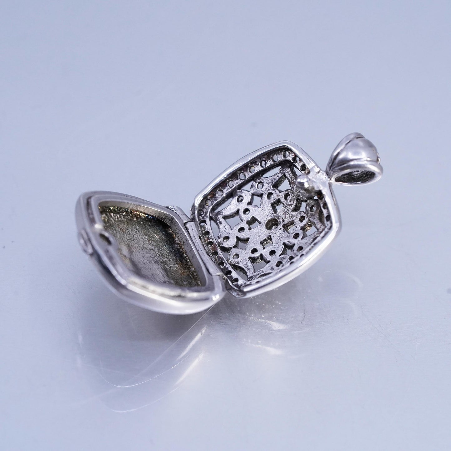 Vintage sterling silver pendant, 925 square locket charm with cluster cz