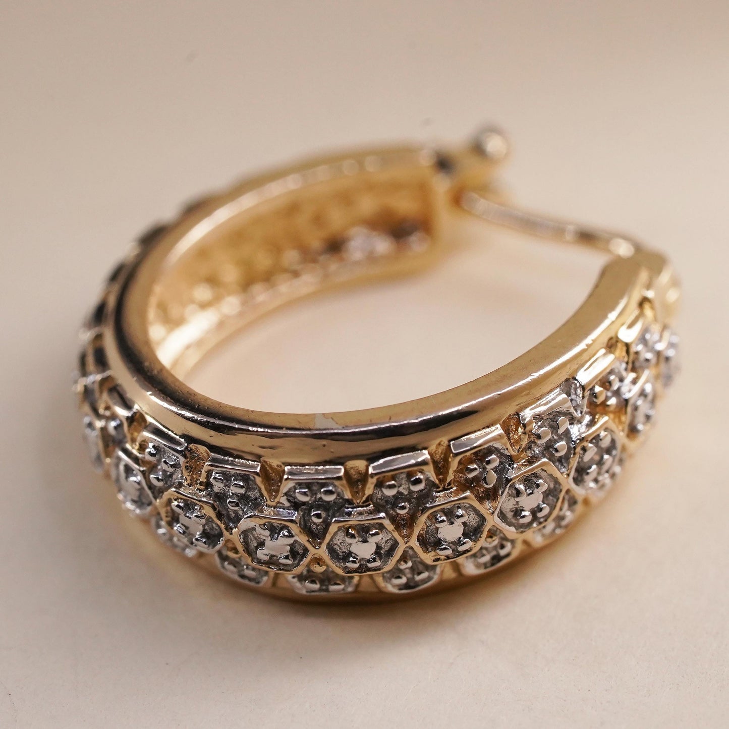 0.75”, vermeil gold sterling silver single earring, 925 huggie hoop diamonds