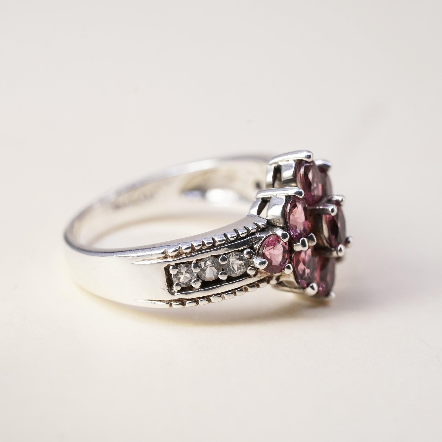 Size 7, vintage Sterling 925 silver ring with pink crystal and cluster cz