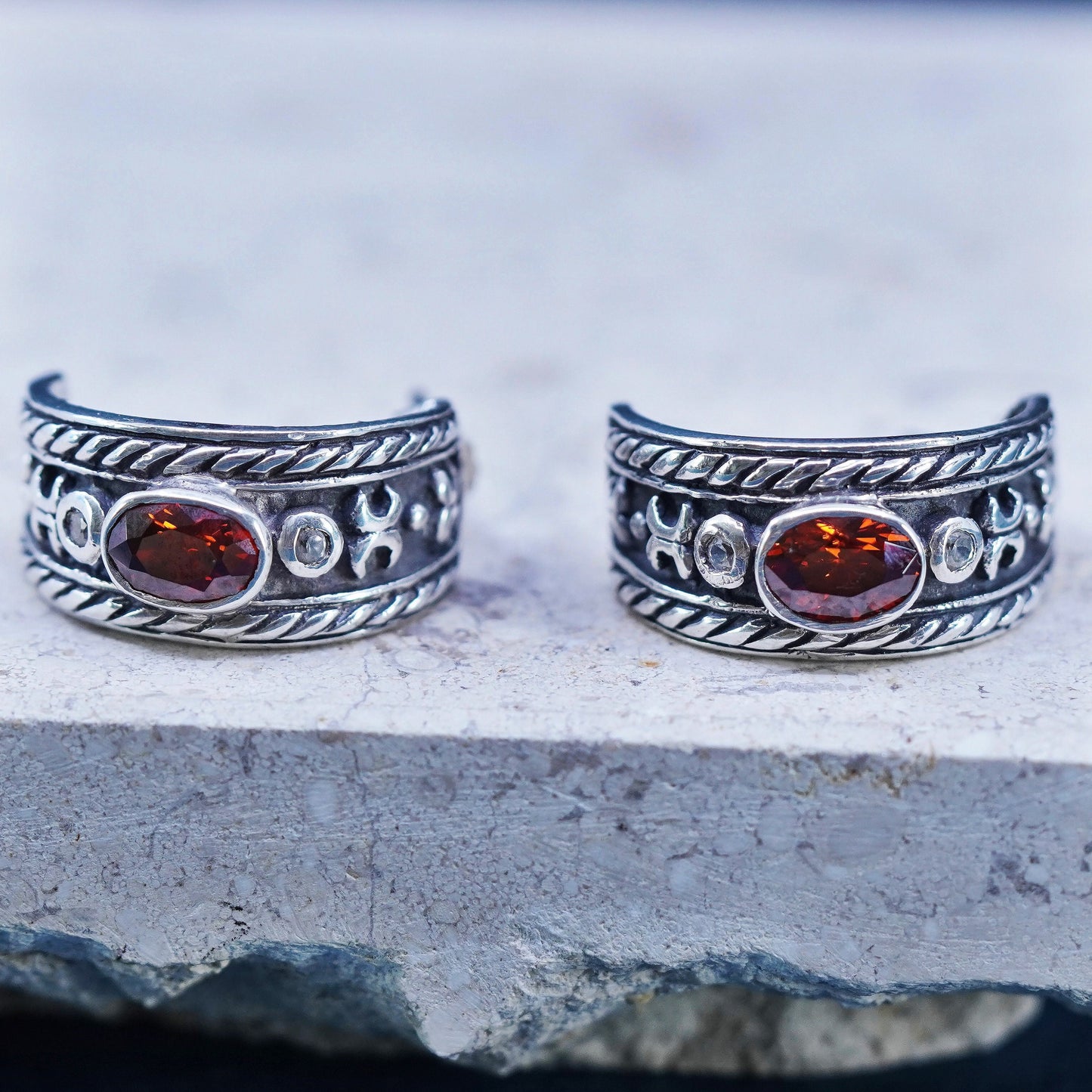 0.75”, Sterling silver handmade hoop earrings, textured 925 huggie studs ruby