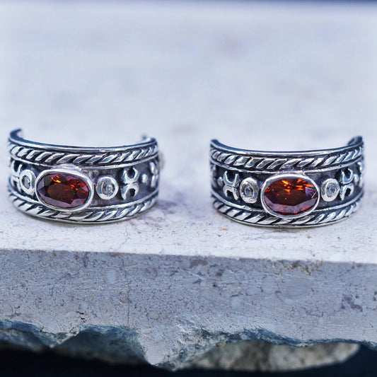 0.75”, Sterling silver handmade hoop earrings, textured 925 huggie studs ruby