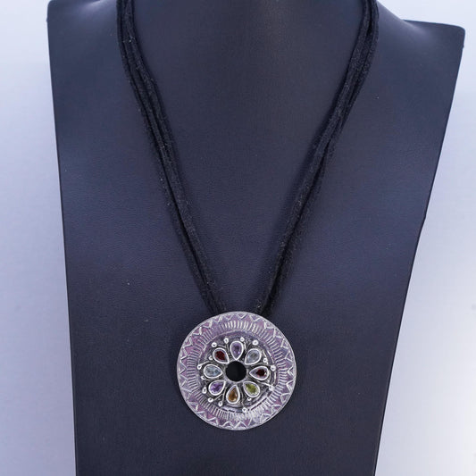 18", 925 Sterling Silver multi strands leather Necklace, disc pendant gemstones