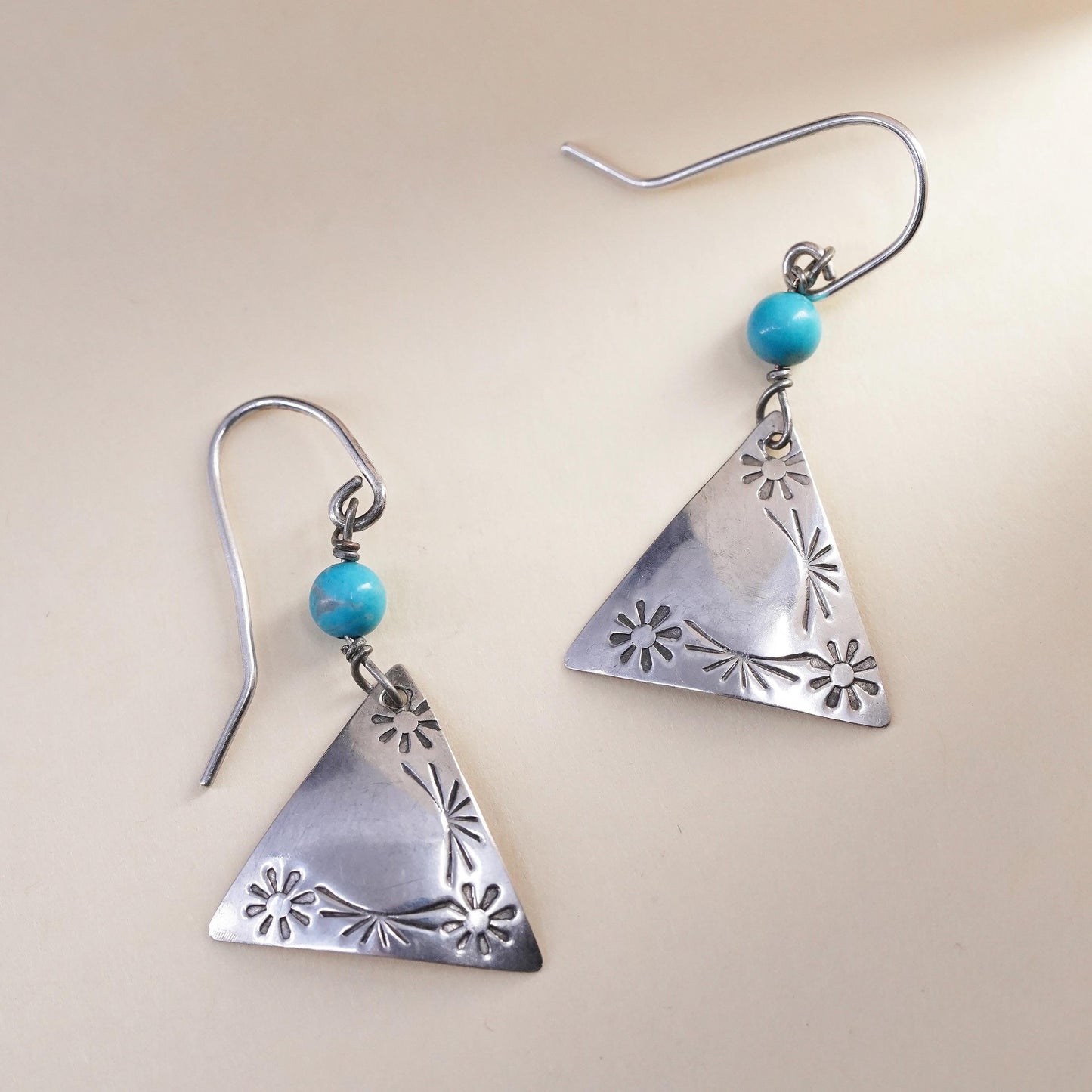Southwestern sterling silver 925 handmade triangular earrings turquoise beads