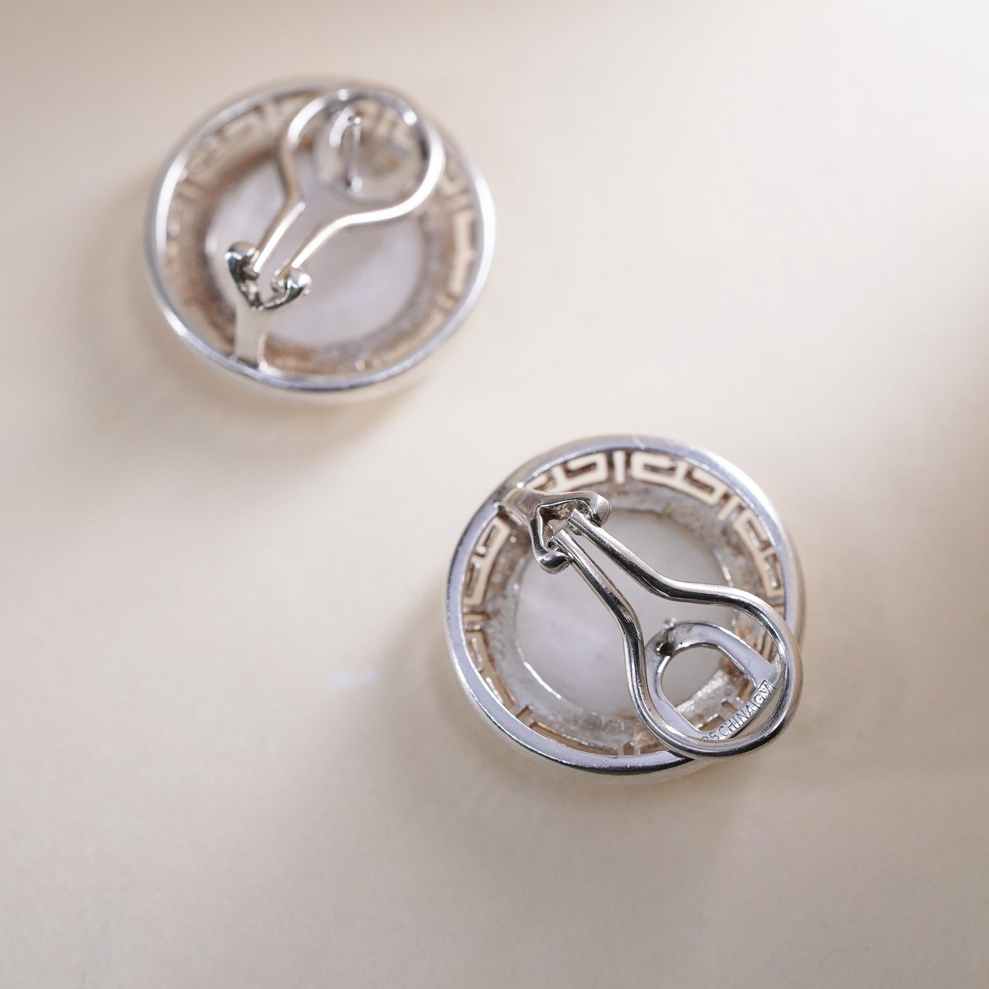 Vintage Sterling silver earrings, 925 Greek key studs w/ round mother of pearl