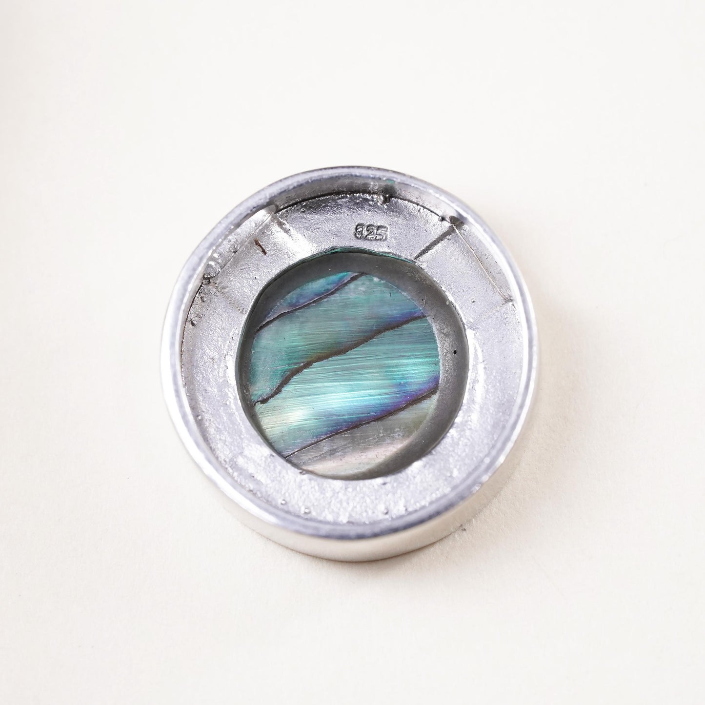 Vintage sterling 925 silver handmade circle pendant with abalone inlay