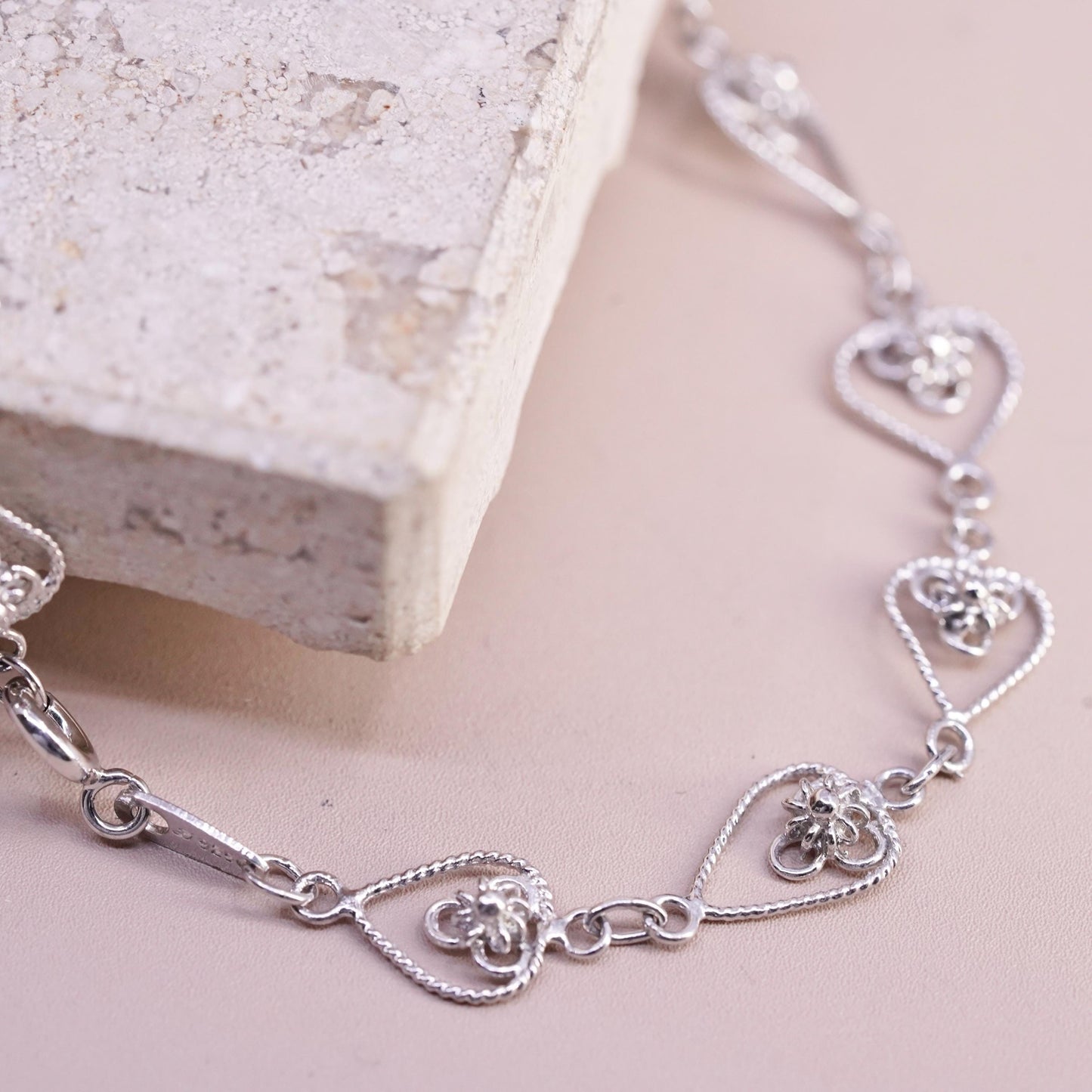 8.25", vintage sterling silver handmade bracelet, 925 filigree heart bracelet